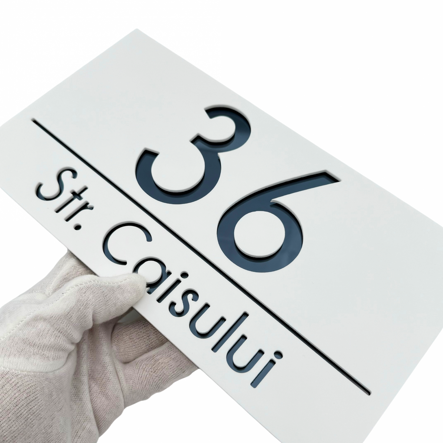 PREMIUM HOUSE NUMBER - White Satin Anthracite Grey Mirror - 28×15 cm