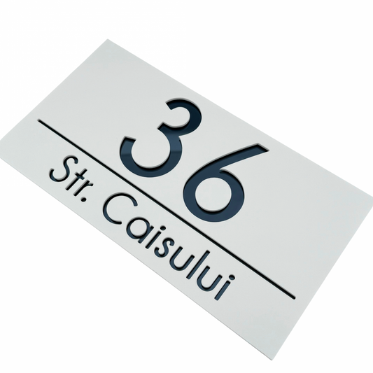 PREMIUM HOUSE NUMBER - White Satin Anthracite Grey Mirror - 28×15 cm