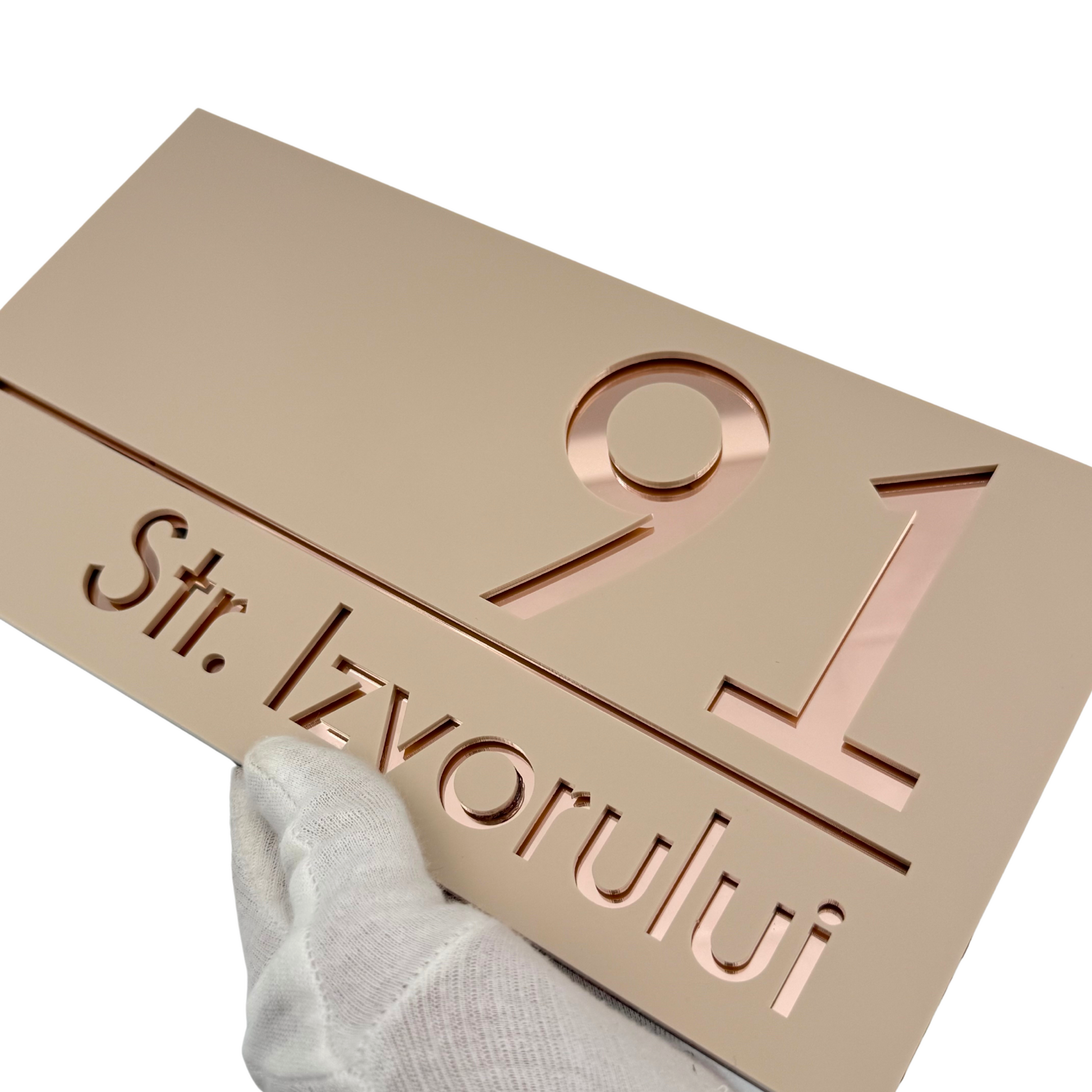 PREMIUM HOUSE NUMBER - Cream colour Satin Rose Gold Mirror - 28×15 cm