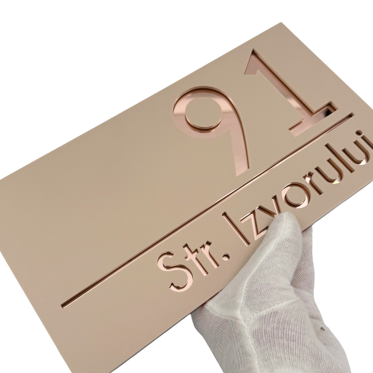 PREMIUM HOUSE NUMBER - Cream colour Satin Rose Gold Mirror - 28×15 cm