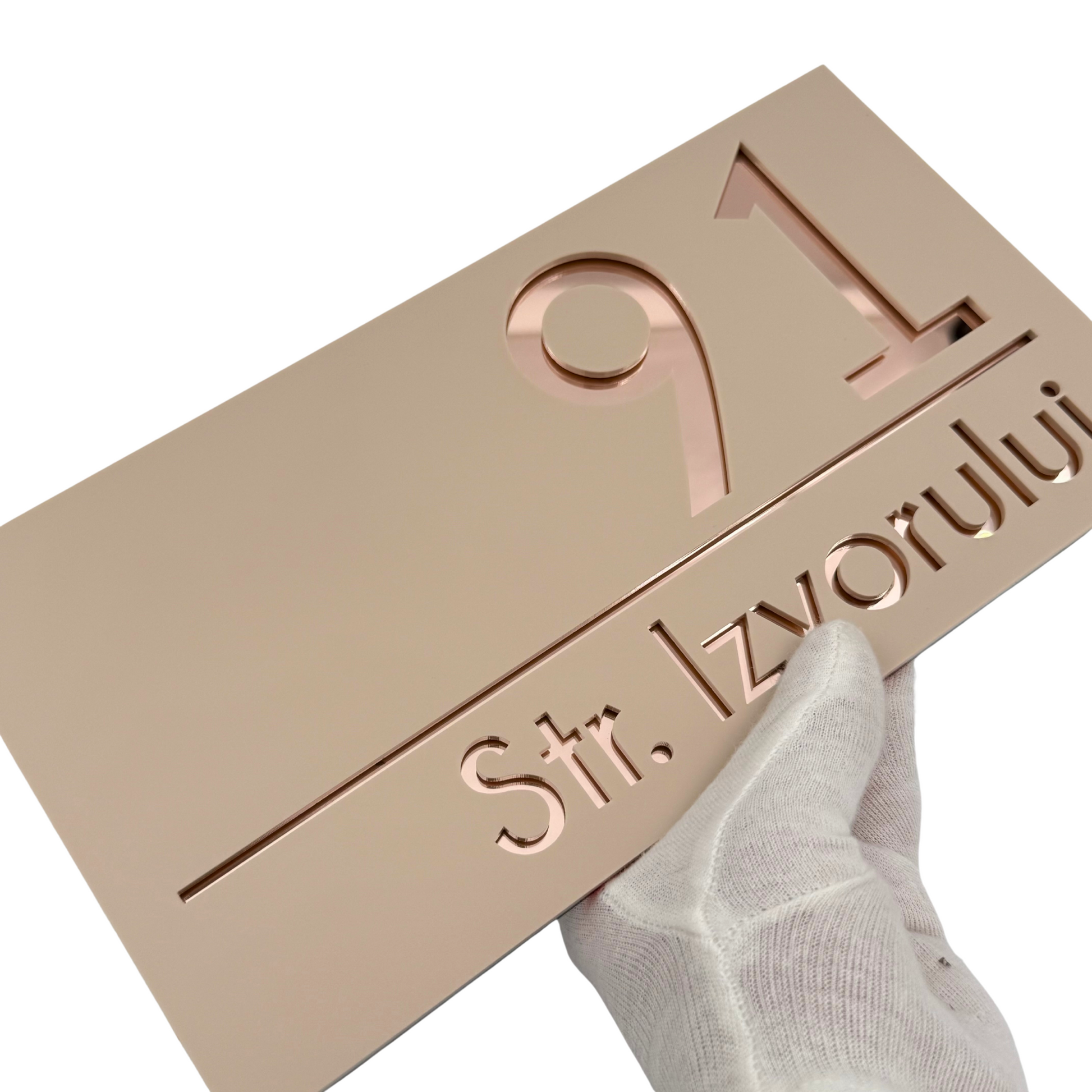 PREMIUM HOUSE NUMBER - Cream colour Satin Rose Gold Mirror - 28×15 cm