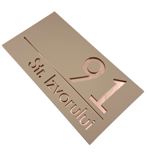 PREMIUM HOUSE NUMBER - Cream colour Satin Rose Gold Mirror - 28×15 cm