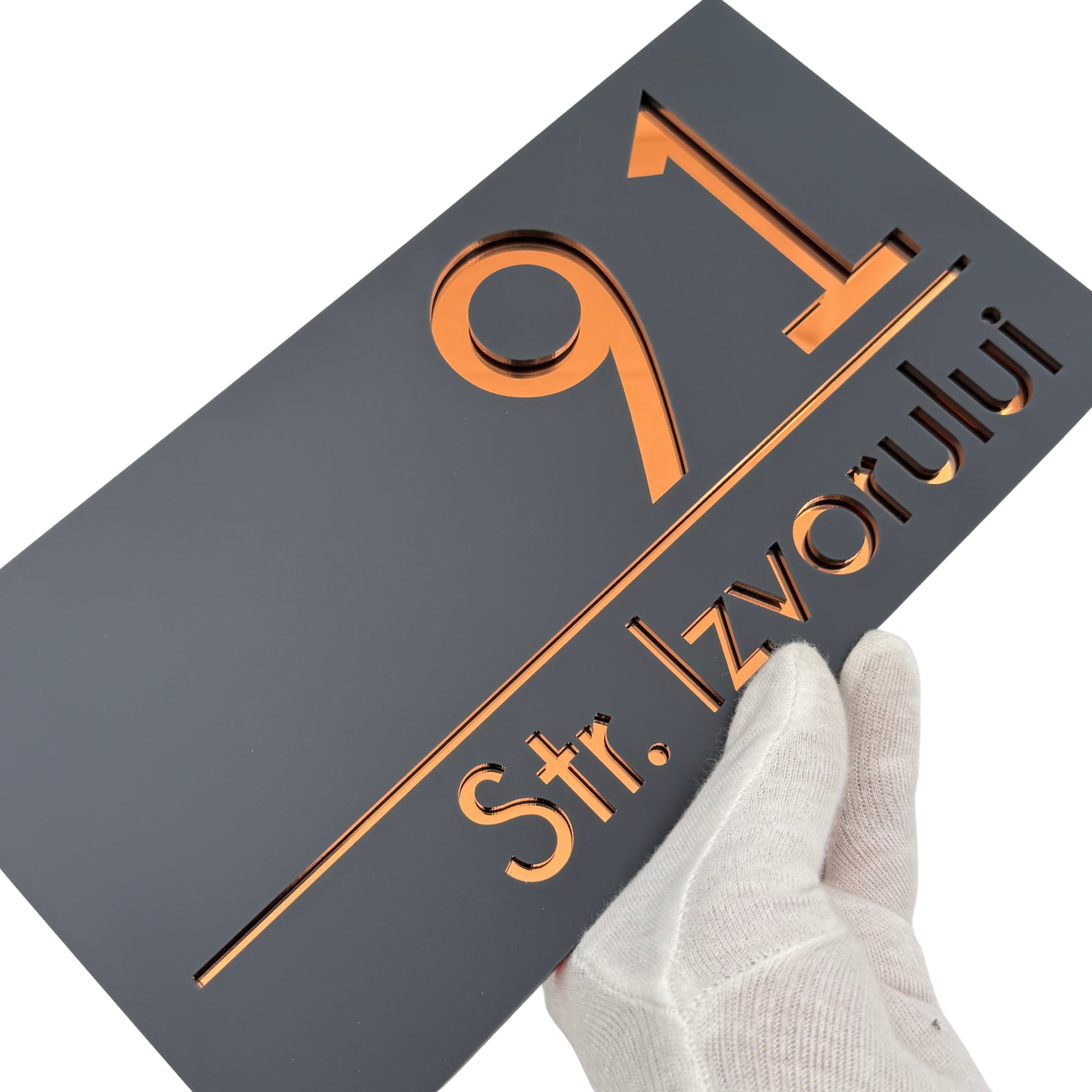 PREMIUM HOUSE NUMBER - Satin Grey Copper Mirror - 28×15 cm