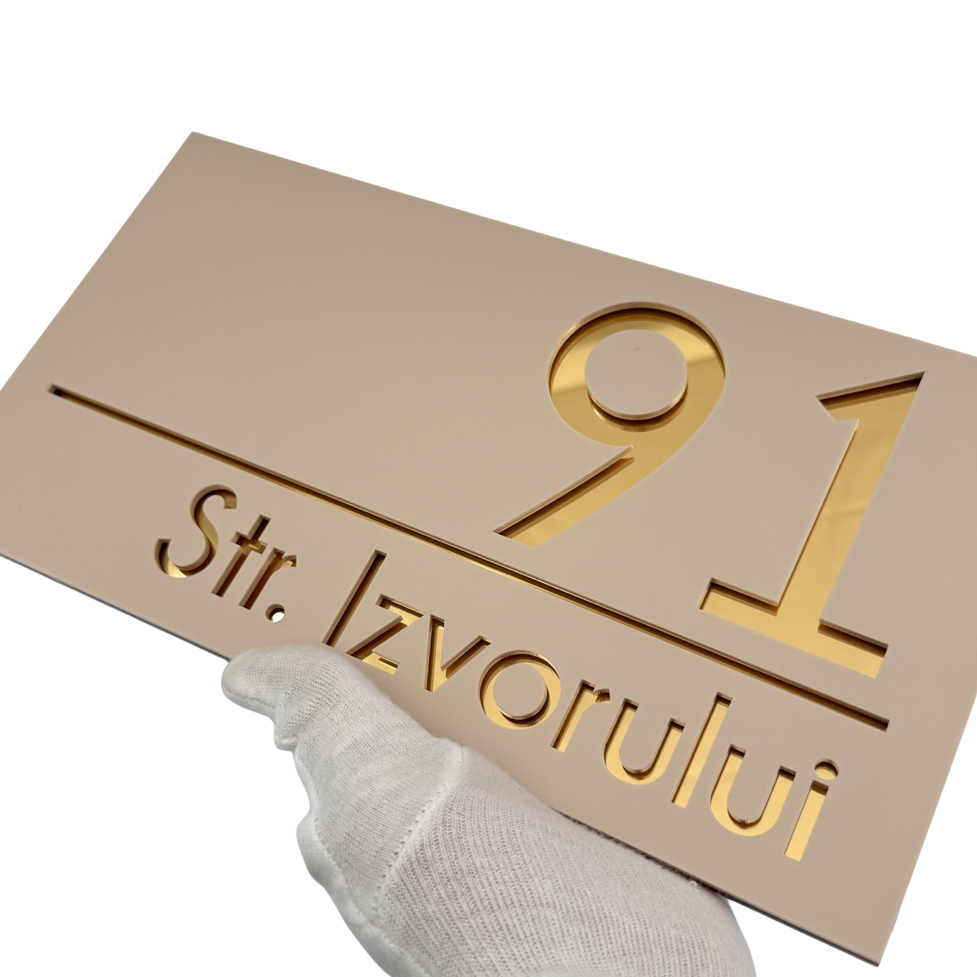 PREMIUM HOUSE NUMBER - Cream colour Satin Gold Mirror - 28×15 cm