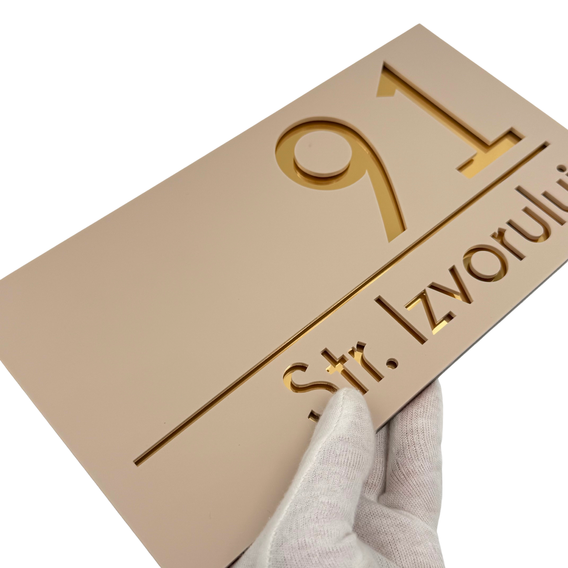 PREMIUM HOUSE NUMBER - Cream colour Satin Gold Mirror - 28×15 cm