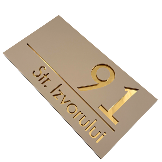 PREMIUM HOUSE NUMBER - Cream colour Satin Gold Mirror - 28×15 cm