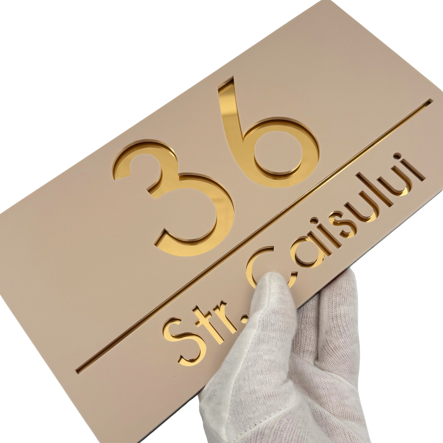 PREMIUM HOUSE NUMBER - Cream colour Satin Gold Mirror - 28×15 cm