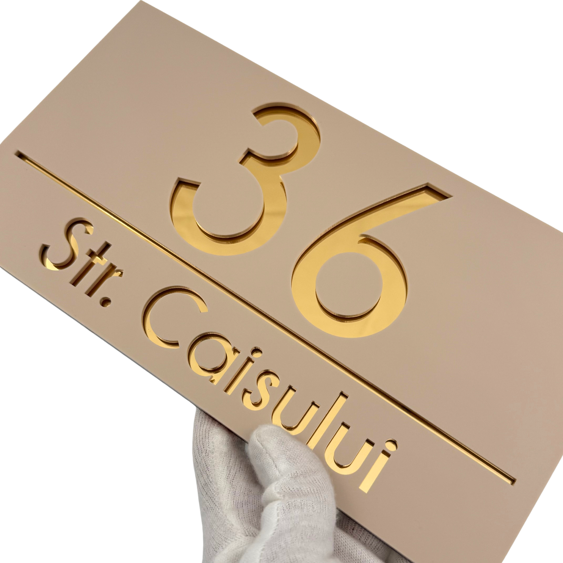 PREMIUM HOUSE NUMBER - Cream colour Satin Gold Mirror - 28×15 cm