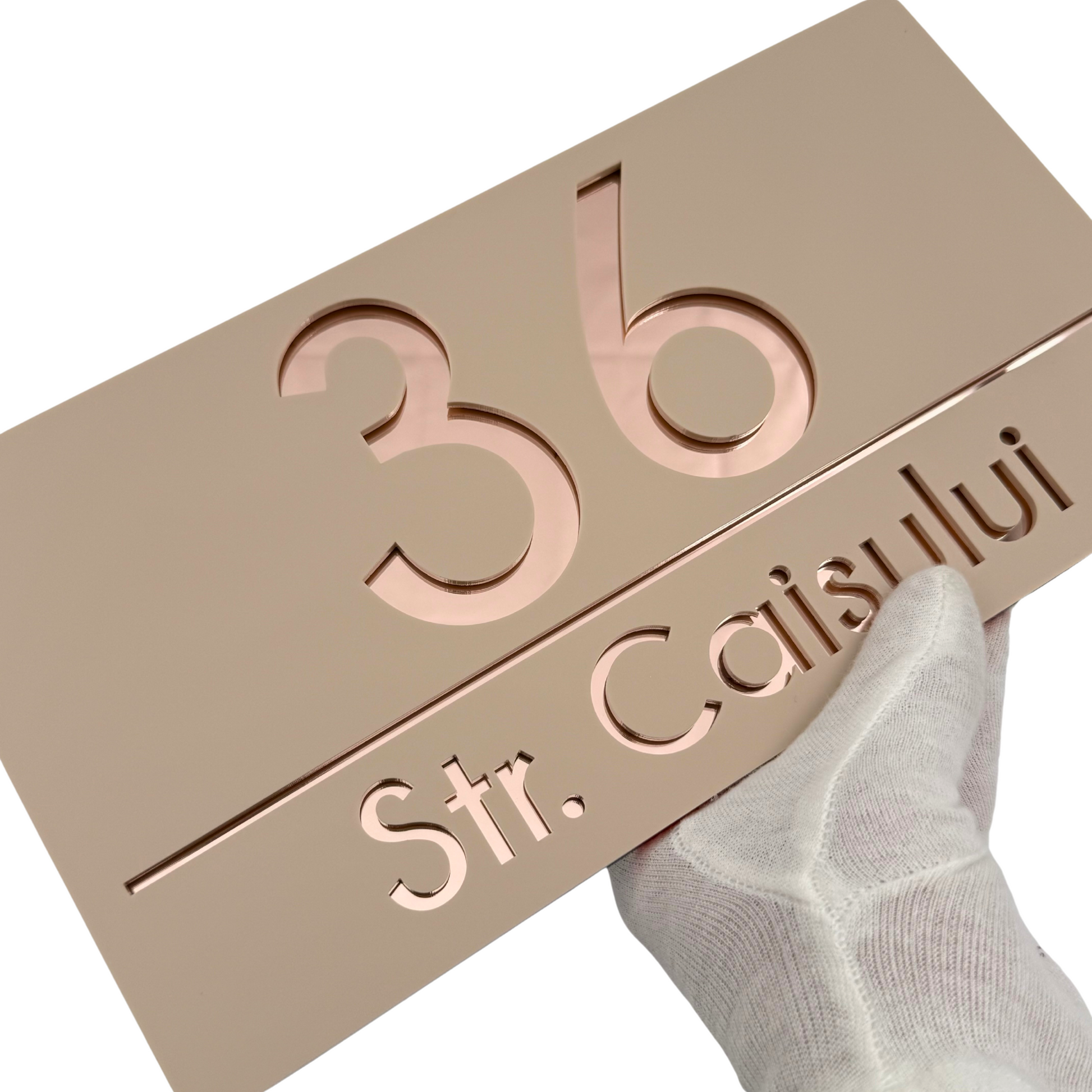 PREMIUM HOUSE NUMBER - Cream colour Satin Rose Gold Mirror - 28×15 cm