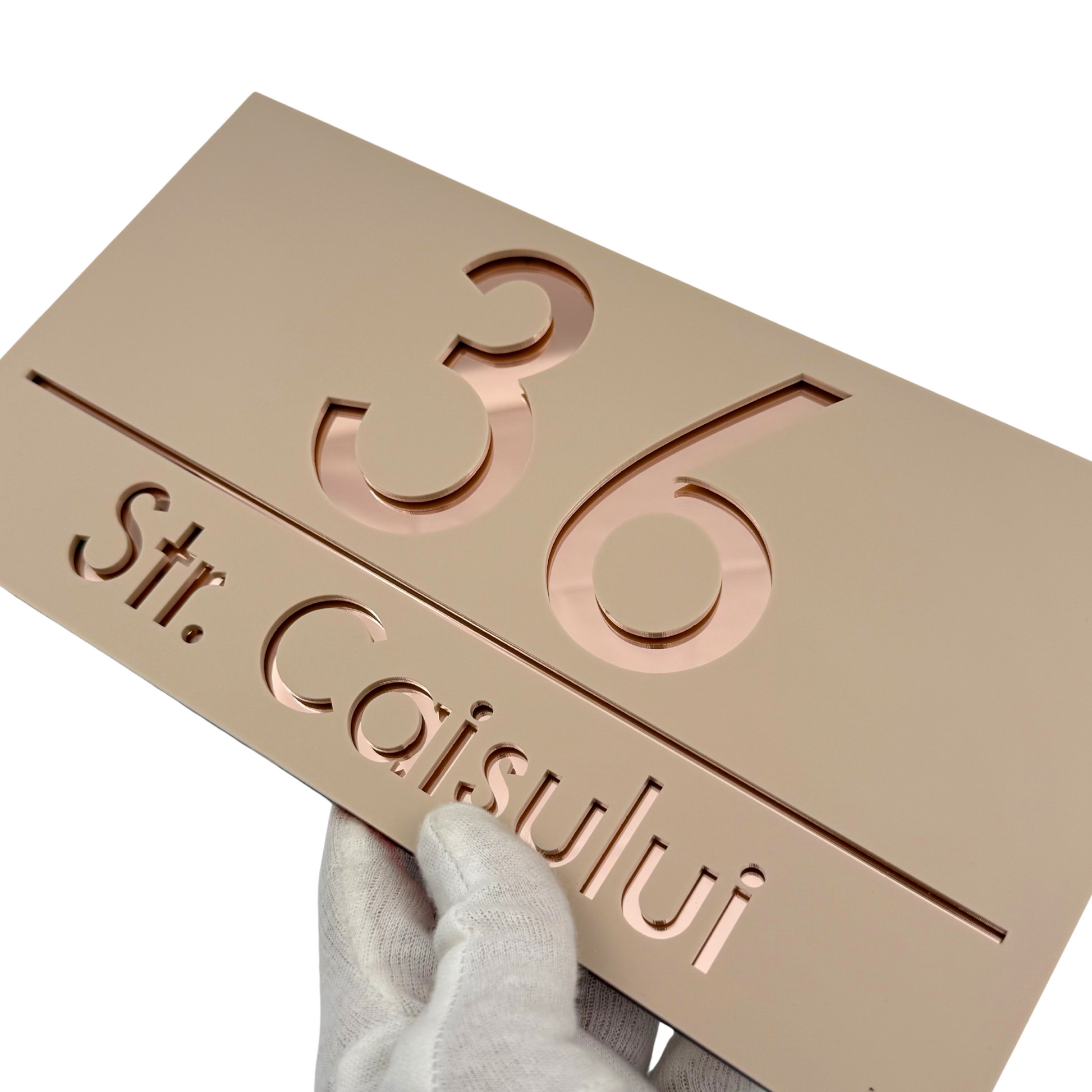 PREMIUM HOUSE NUMBER - Cream colour Satin Rose Gold Mirror - 28×15 cm