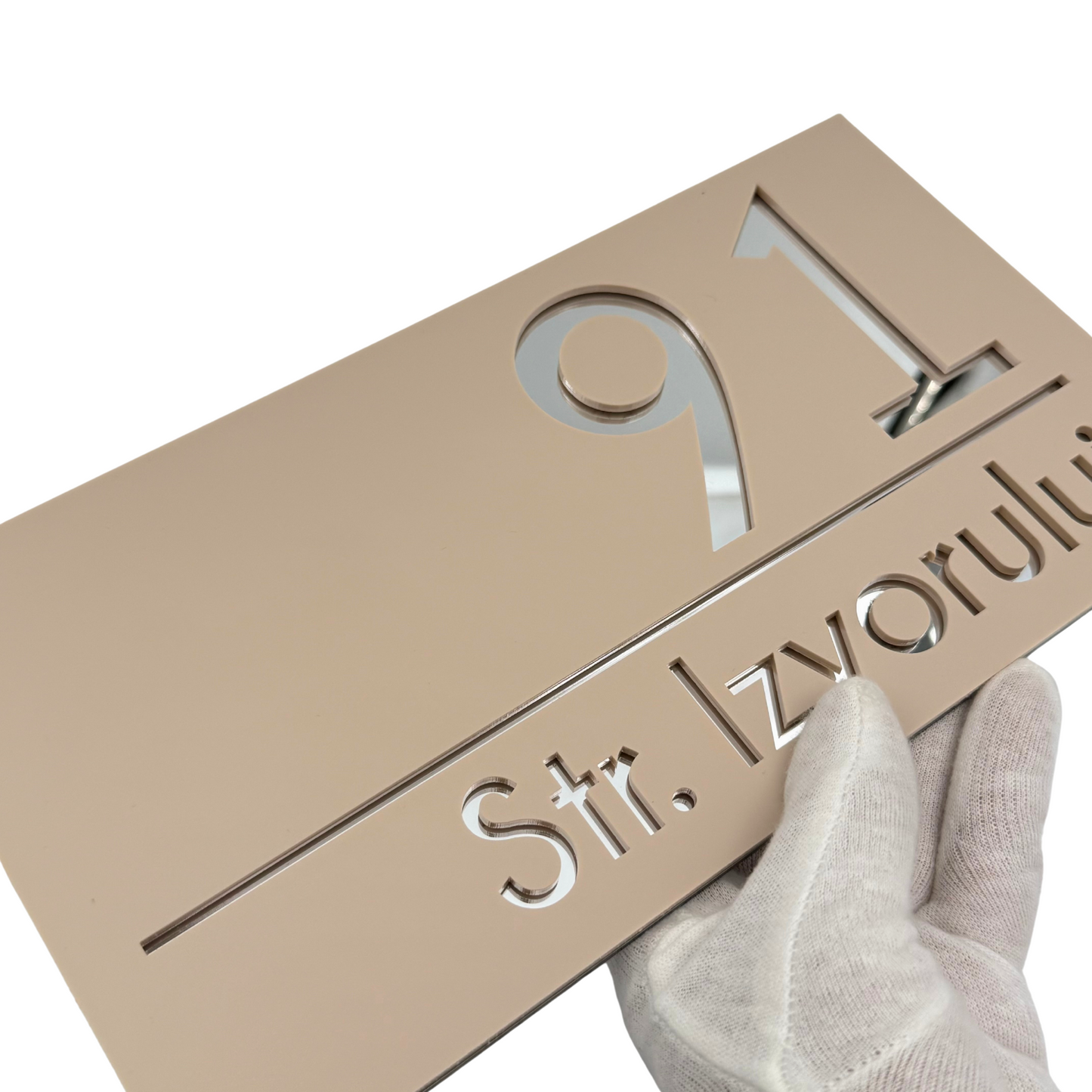 PREMIUM HOUSE NUMBER - Cream colour Satin Silver Mirror - 28×15 cm