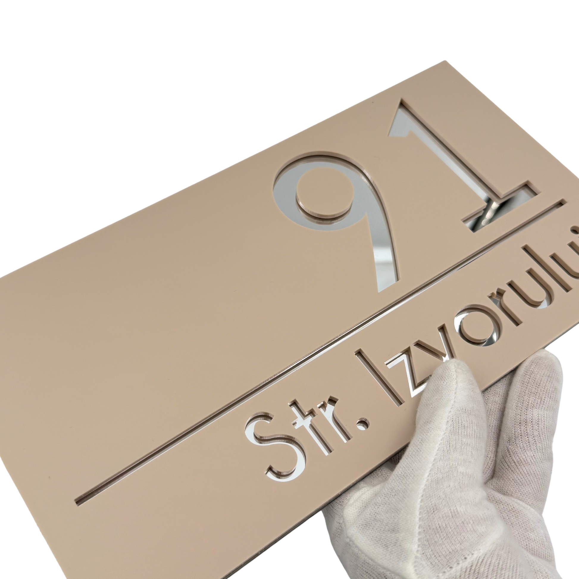 PREMIUM HOUSE NUMBER - Cream colour Satin Silver Mirror - 28×15 cm