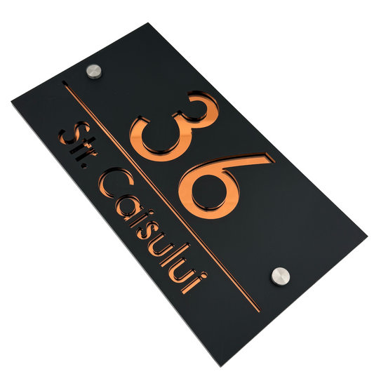 PREMIUM HOUSE NUMBER - Satin Black Copper Mirror 2 Spacers Silver - 28×15 cm
