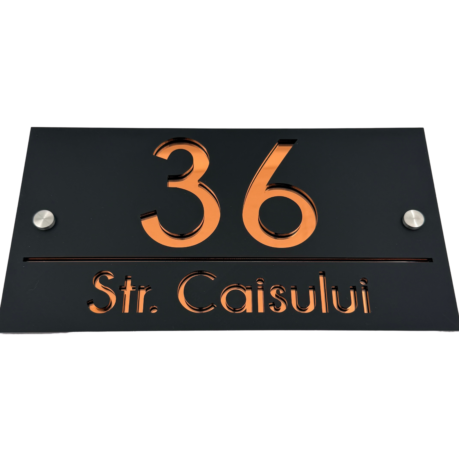 PREMIUM HOUSE NUMBER - Satin Black Copper Mirror 2 Spacers Silver - 28×15 cm