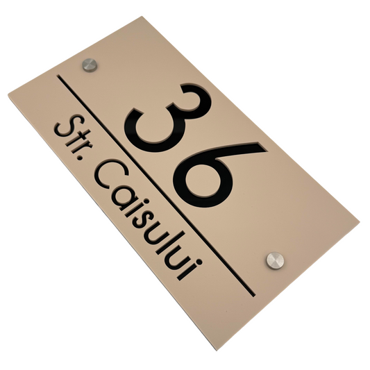 PREMIUM HOUSE NUMBER - Cream colour Glossy Glossy Black 2 Spacers Silver - 28×15 cm