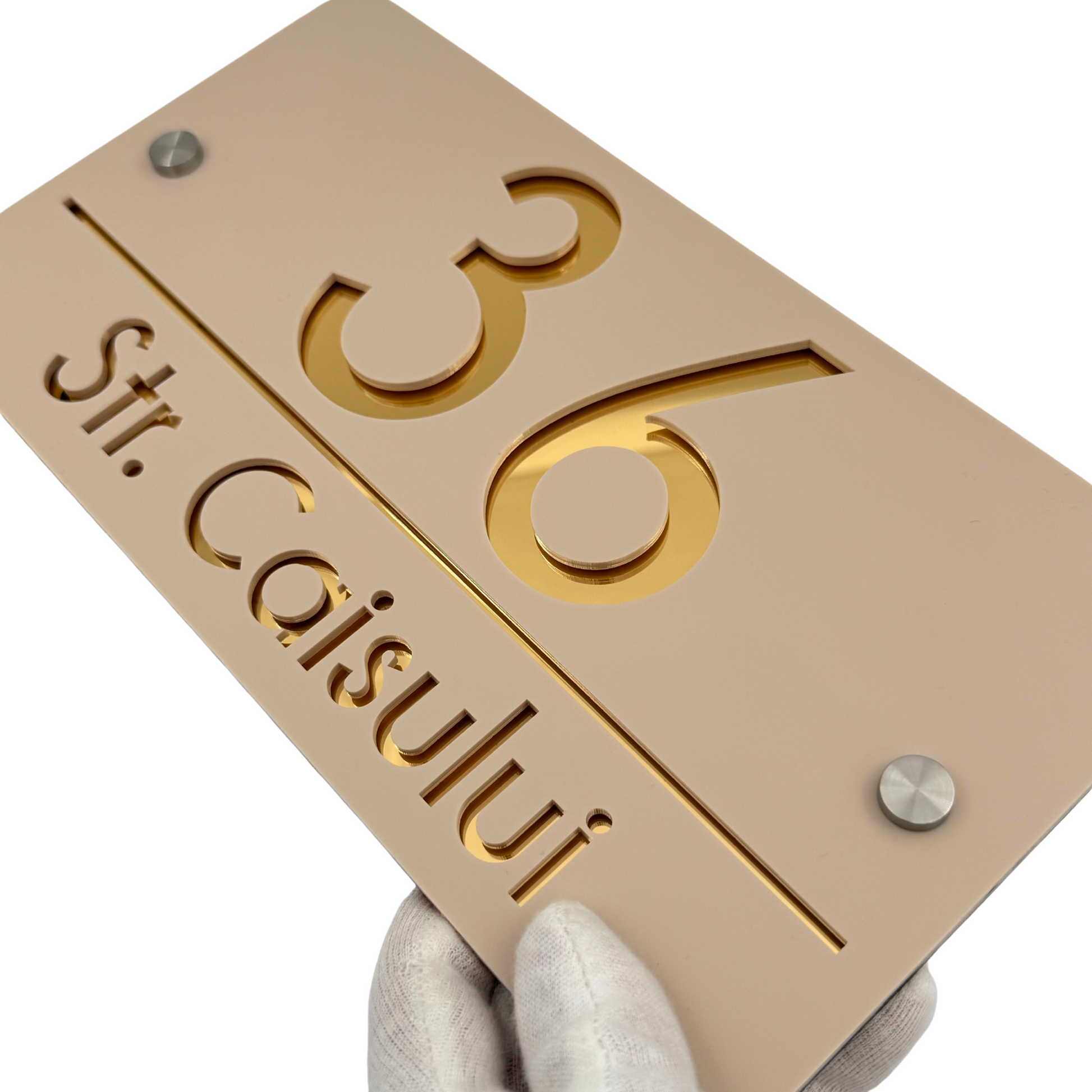 PREMIUM HOUSE NUMBER - Cream colour Glossy Gold Mirror 2 Spacers Silver - 28×15 cm