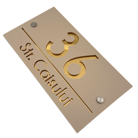 PREMIUM HOUSE NUMBER - Cream colour Glossy Gold Mirror 2 Spacers Silver - 28×15 cm