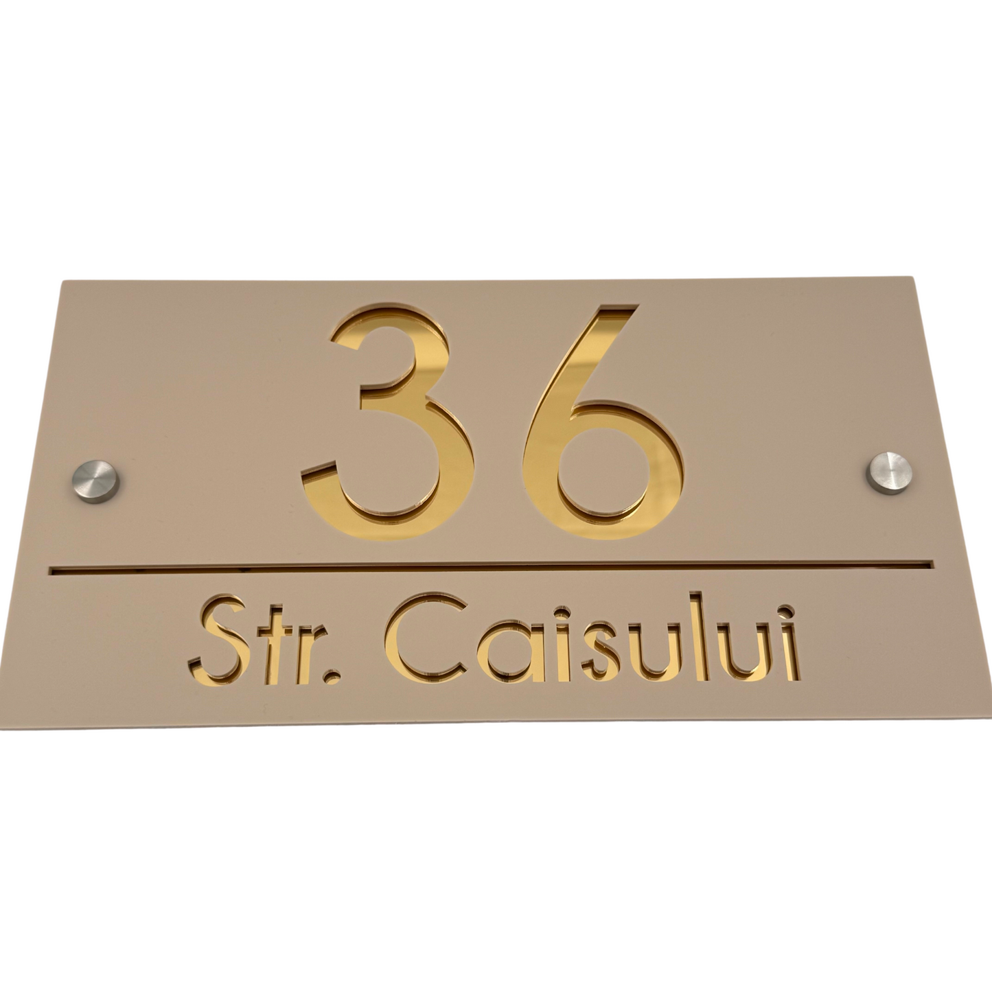 PREMIUM HOUSE NUMBER - Cream colour Glossy Gold Mirror 2 Spacers Silver - 28×15 cm