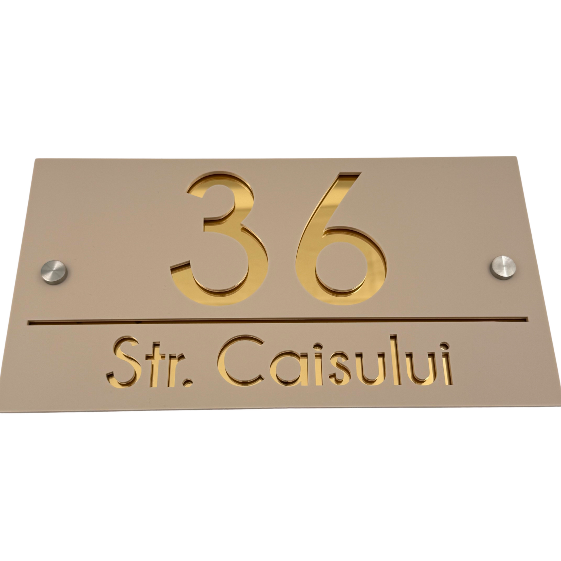 PREMIUM HOUSE NUMBER - Cream colour Glossy Gold Mirror 2 Spacers Silver - 28×15 cm