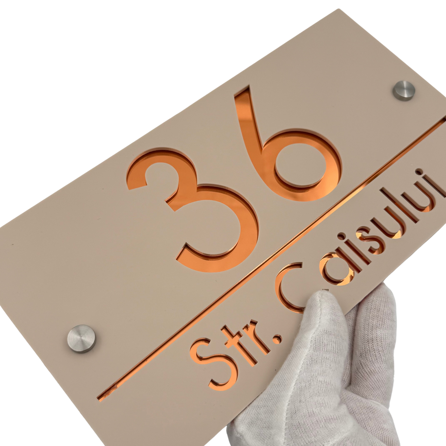 PREMIUM HOUSE NUMBER - Cream colour Glossy Copper Mirror 2 Spacers Silver - 28×15 cm