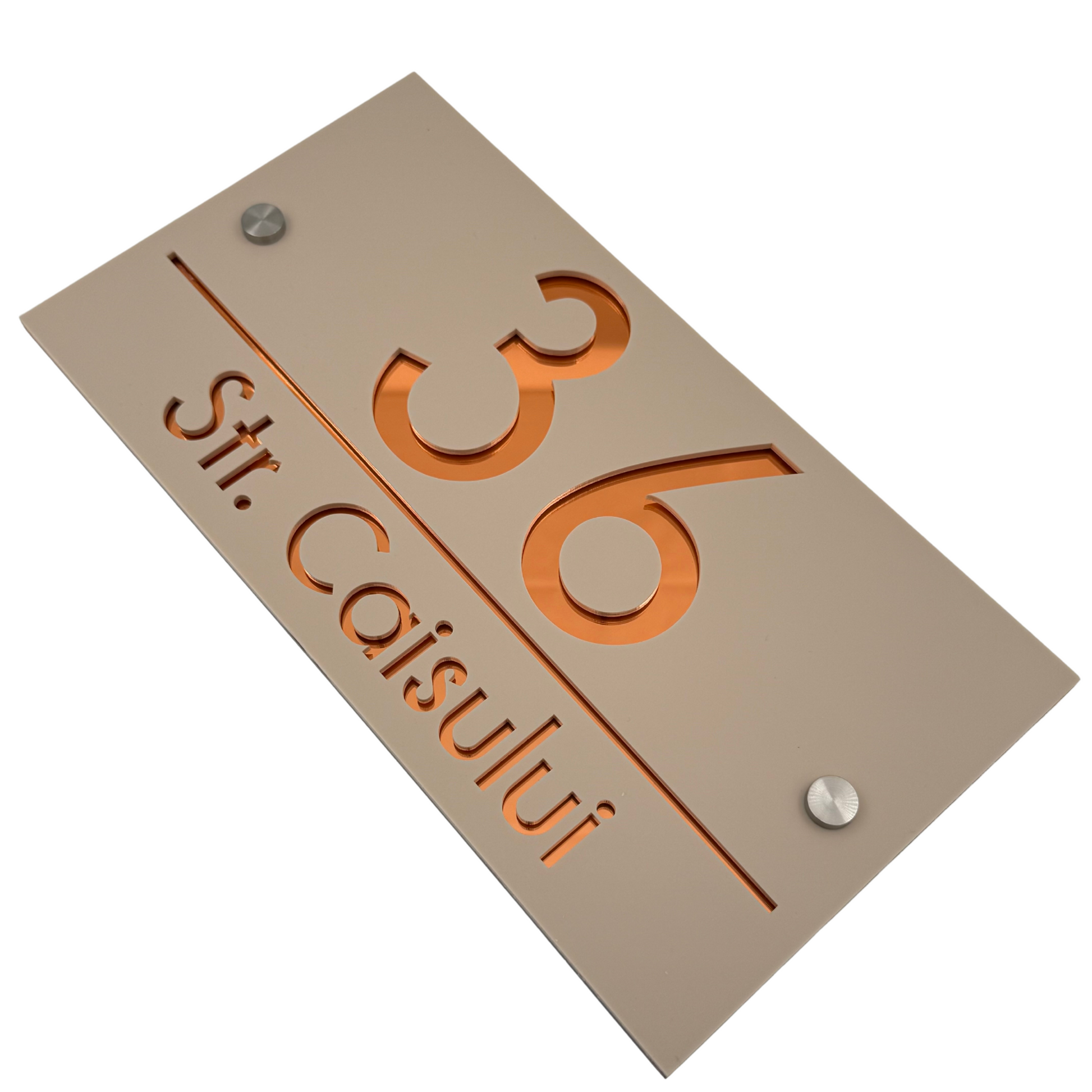 PREMIUM HOUSE NUMBER - Cream colour Glossy Copper Mirror 2 Spacers Silver - 28×15 cm