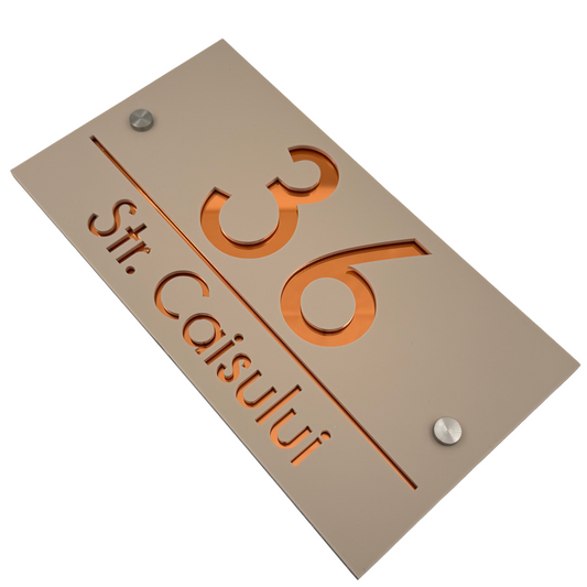 PREMIUM HOUSE NUMBER - Cream colour Glossy Copper Mirror 2 Spacers Silver - 28×15 cm