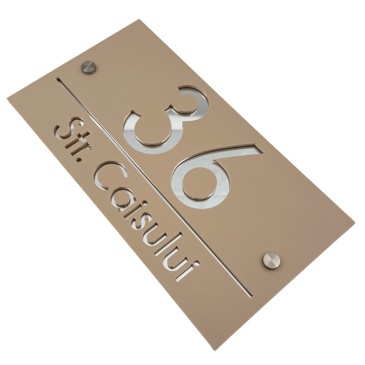 PREMIUM HOUSE NUMBER - Cream colour Glossy Silver Mirror 2 Spacers Silver - 28×15 cm