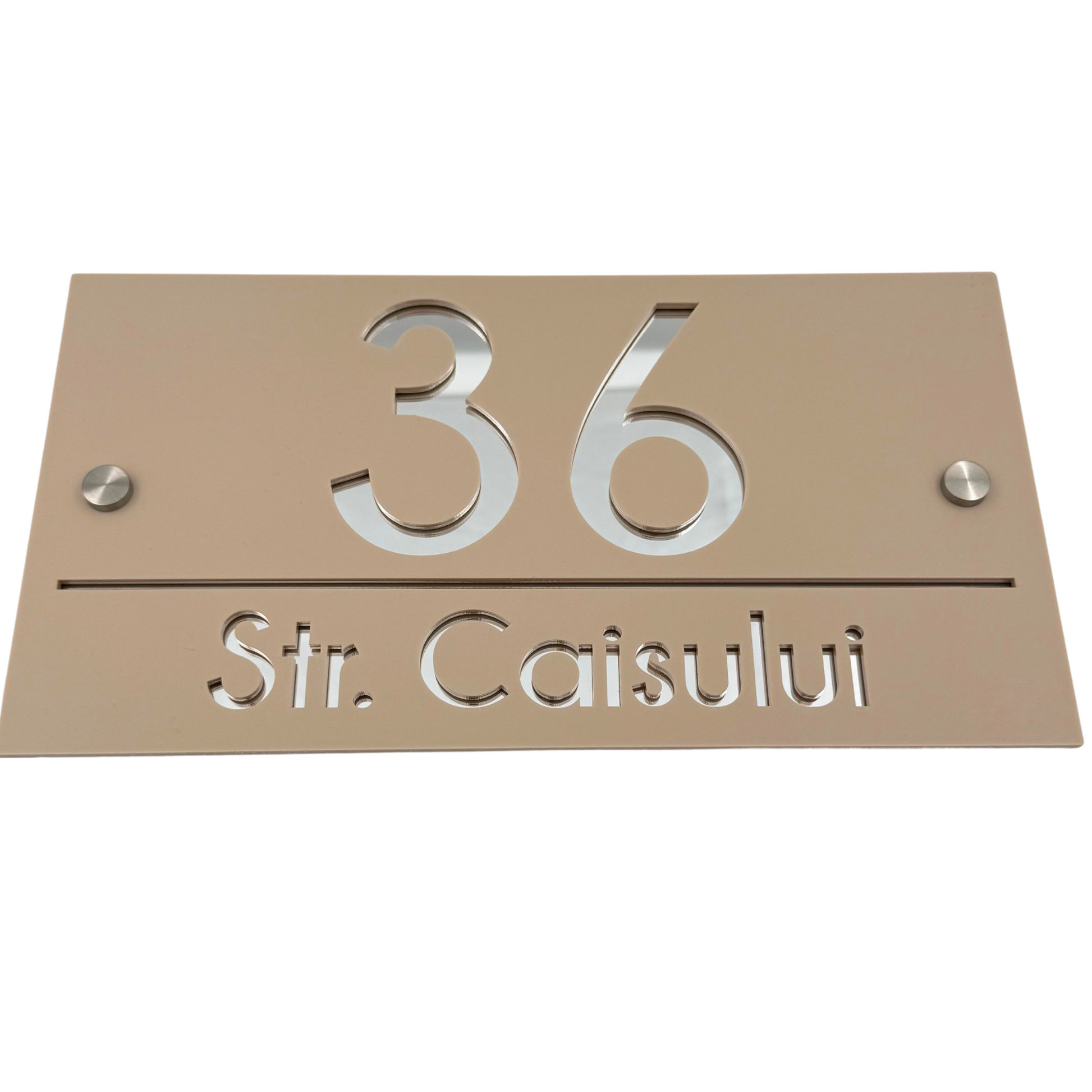 PREMIUM HOUSE NUMBER - Cream colour Glossy Silver Mirror 2 Spacers Silver - 28×15 cm