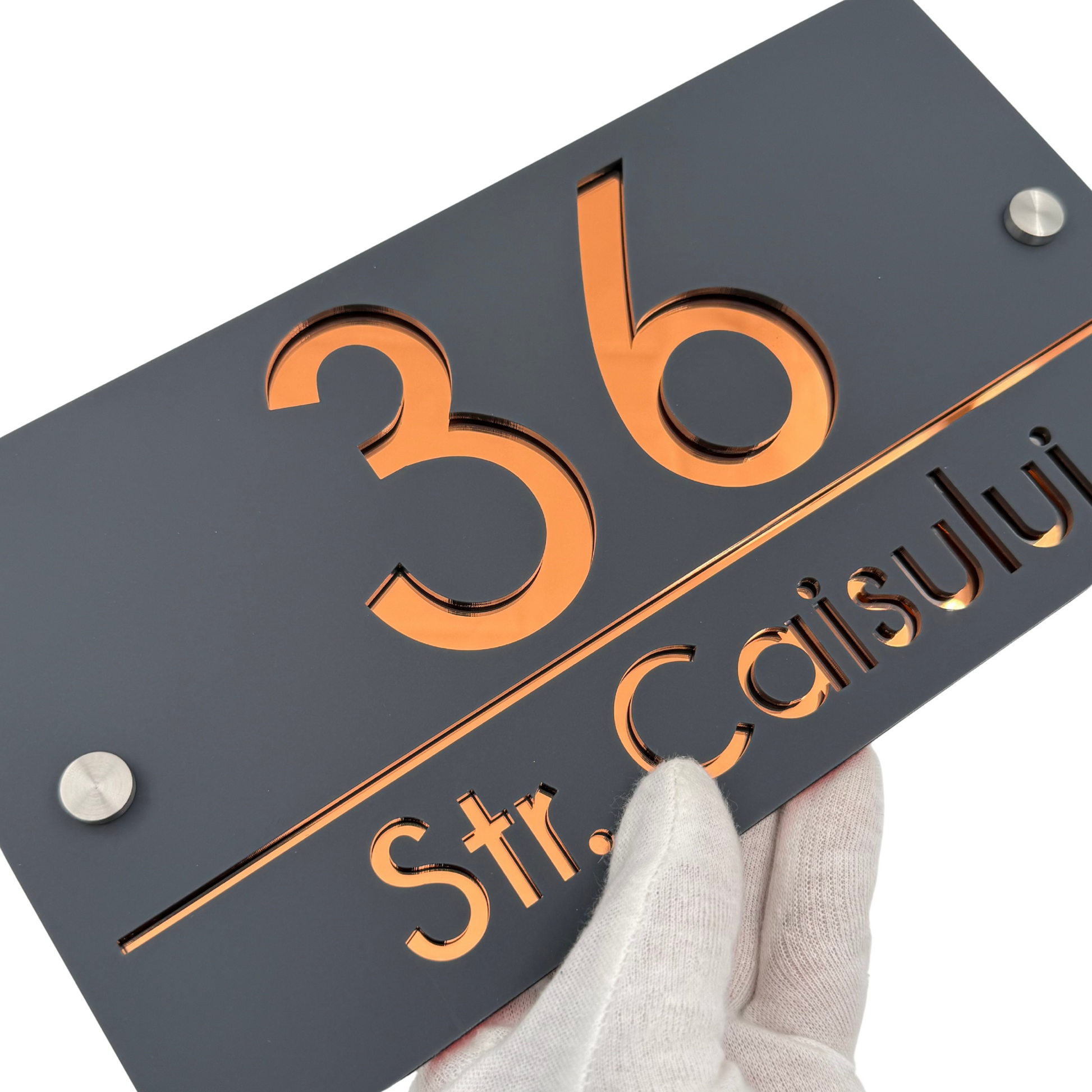 PREMIUM HOUSE NUMBER - Satin Black Copper Mirror 2 Spacers Silver - 28×15 cm