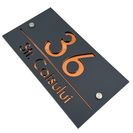 PREMIUM HOUSE NUMBER - Satin Black Copper Mirror 2 Spacers Silver - 28×15 cm