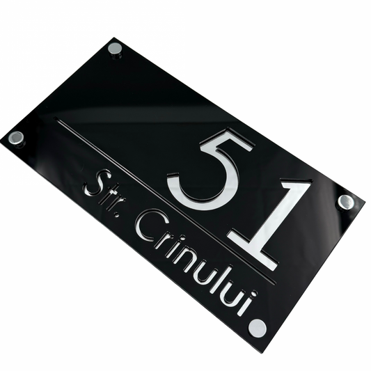 PREMIUM HOUSE NUMBER - Glossy Black Silver Mirror 4 Spacers Silver - 28×15 cm