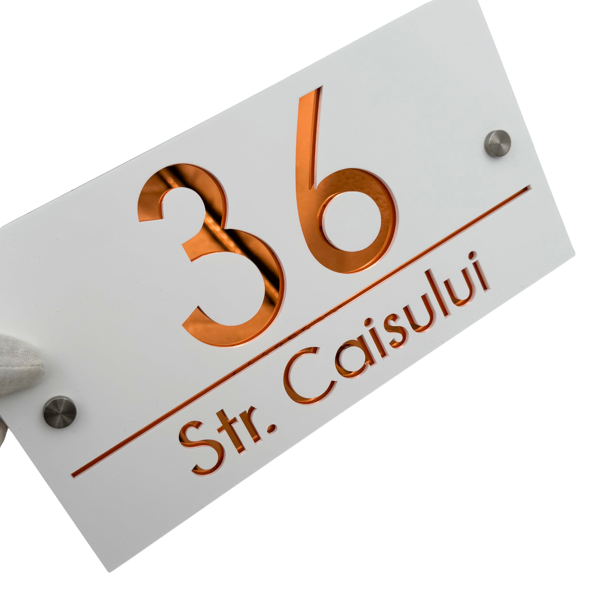 PREMIUM HOUSE NUMBER - White Satin Copper Mirror 2 Spacers Silver - 28×15 cm