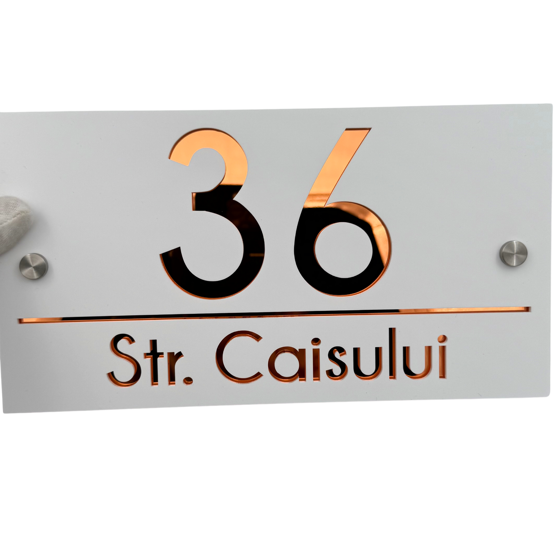 PREMIUM HOUSE NUMBER - White Satin Copper Mirror 2 Spacers Silver - 28×15 cm