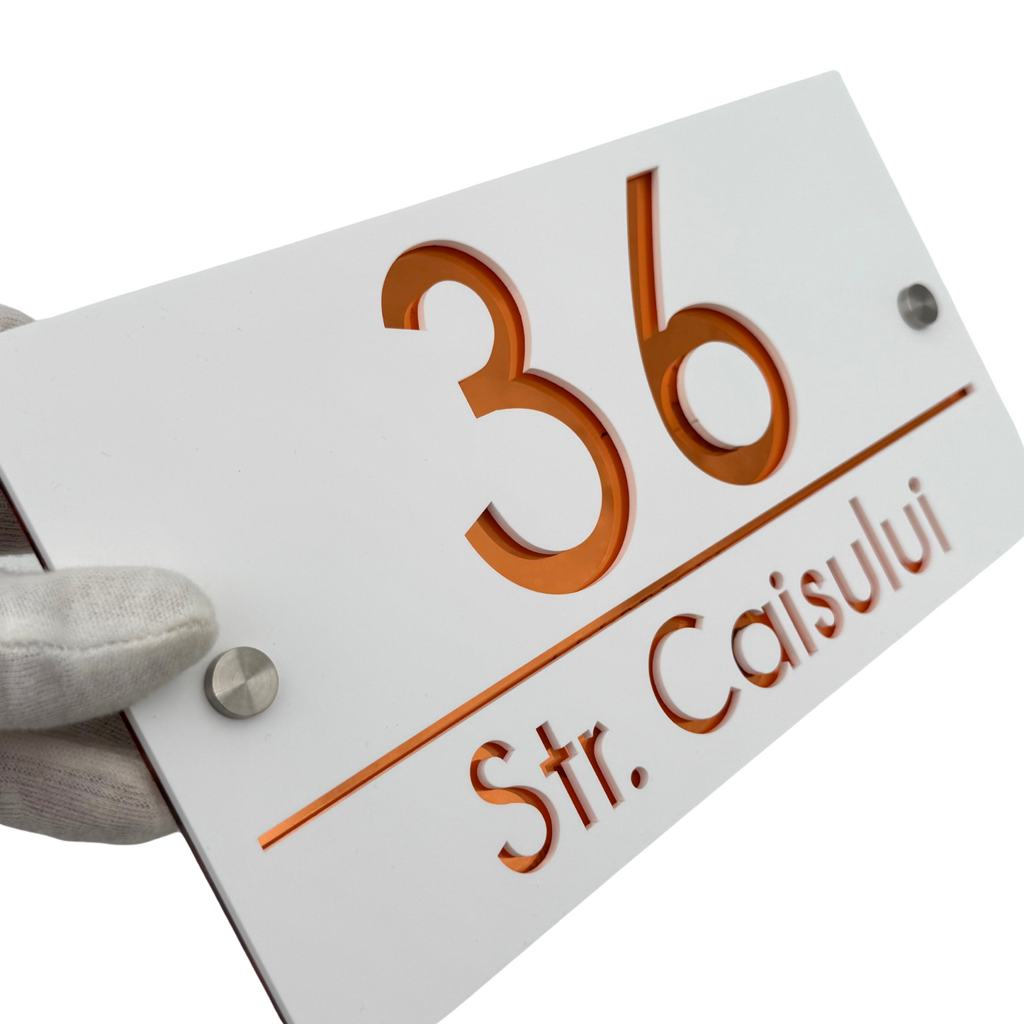 PREMIUM HOUSE NUMBER - White Satin Copper Mirror 2 Spacers Silver - 28×15 cm