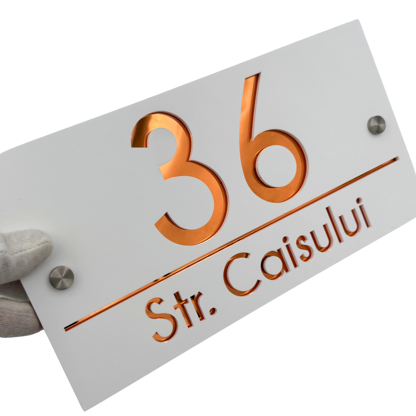 PREMIUM HOUSE NUMBER - White Satin Copper Mirror 2 Spacers Silver - 28×15 cm
