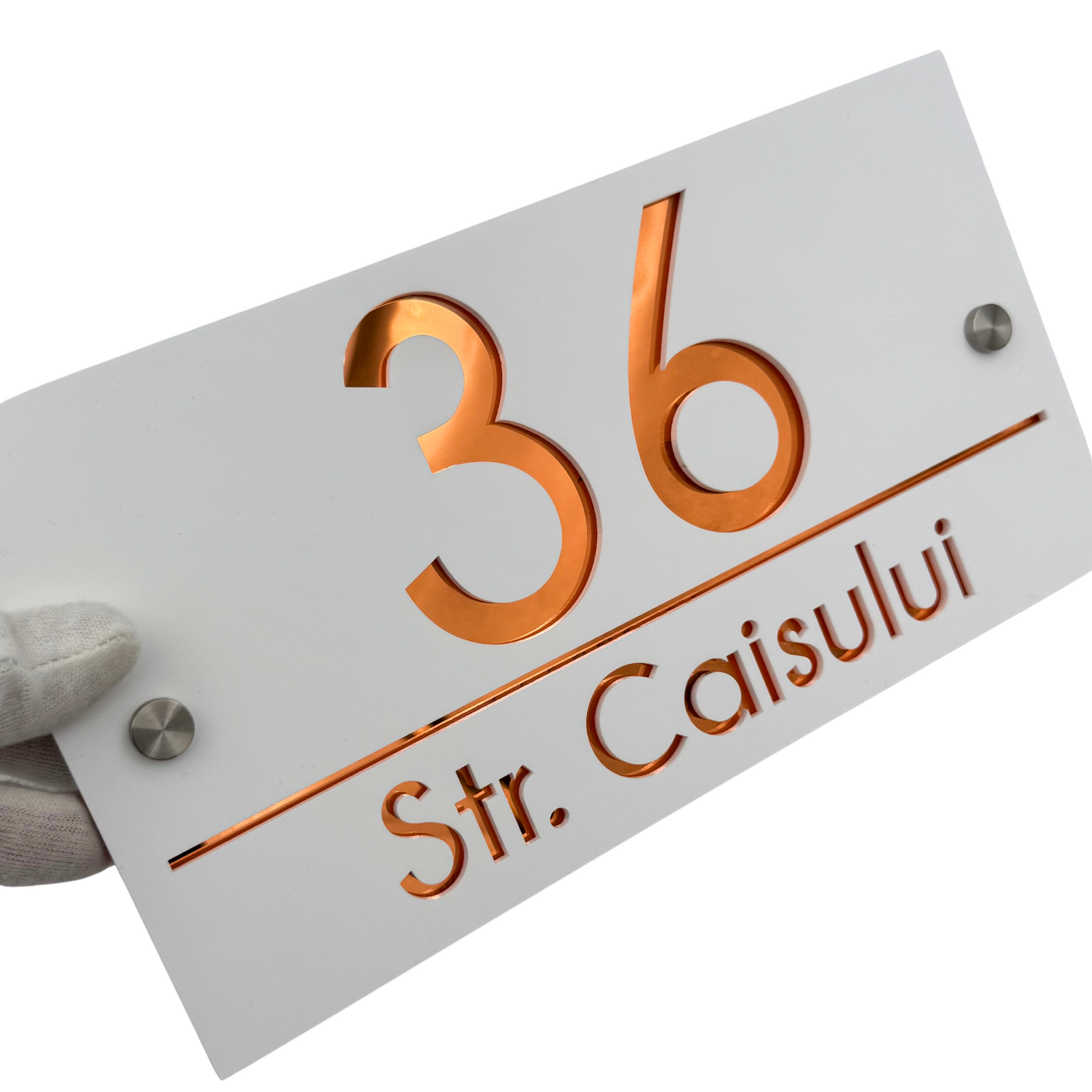 PREMIUM HOUSE NUMBER - White Satin Copper Mirror 2 Spacers Silver - 28×15 cm