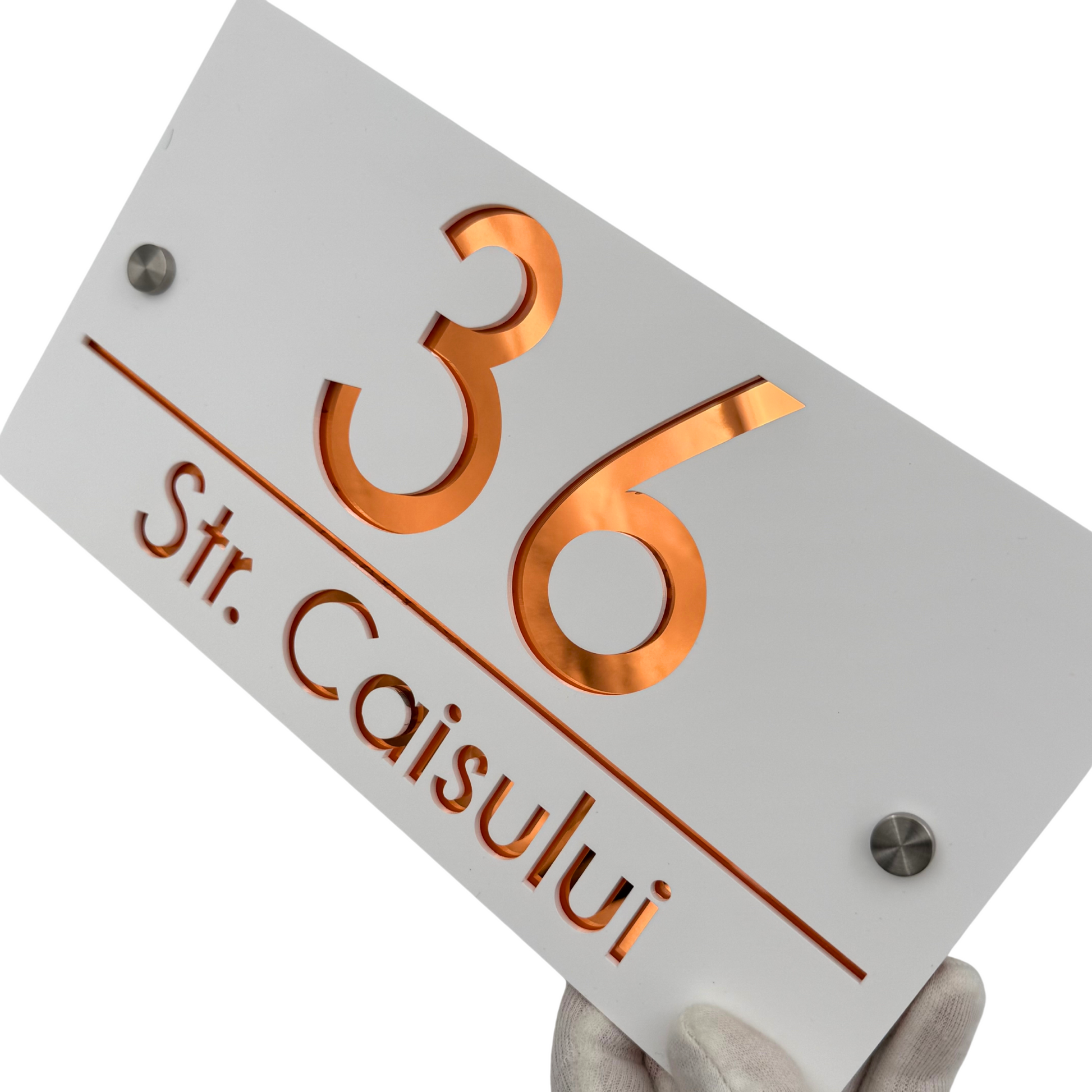 PREMIUM HOUSE NUMBER - White Satin Copper Mirror 2 Spacers Silver - 28×15 cm