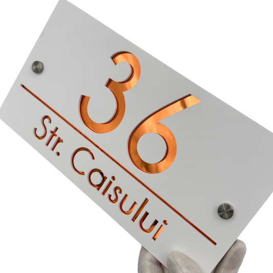 PREMIUM HOUSE NUMBER - White Satin Copper Mirror 2 Spacers Silver - 28×15 cm