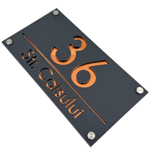 PREMIUM HOUSE NUMBER - Satin Grey Copper Mirror 4 Spacers Silver - 28×15 cm
