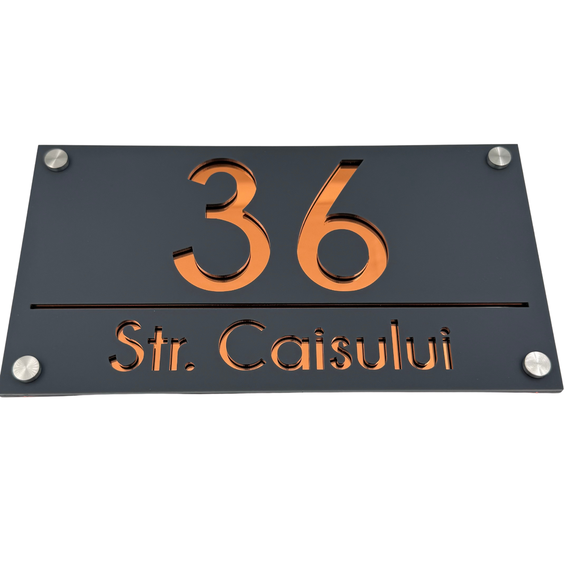 PREMIUM HOUSE NUMBER - Satin Grey Copper Mirror 4 Spacers Silver - 28×15 cm