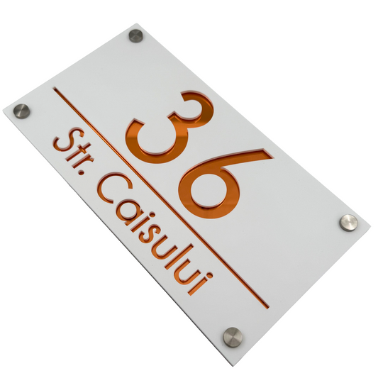 PREMIUM HOUSE NUMBER - White Satin Copper Mirror 4 Spacers Silver - 28×15 cm