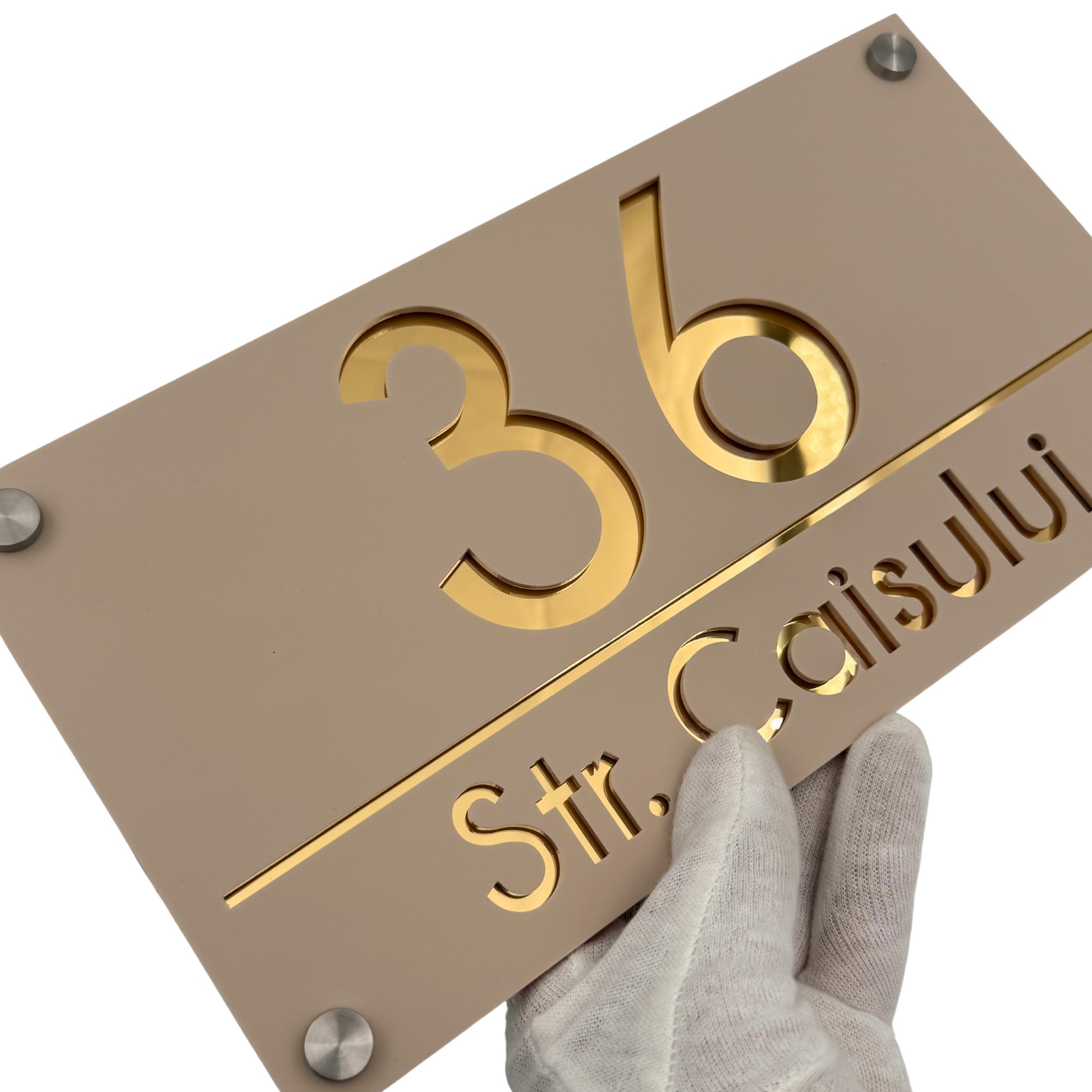 PREMIUM HOUSE NUMBER - Cream colour Satin Gold Mirror 4 Spacers Silver - 28×15 cm