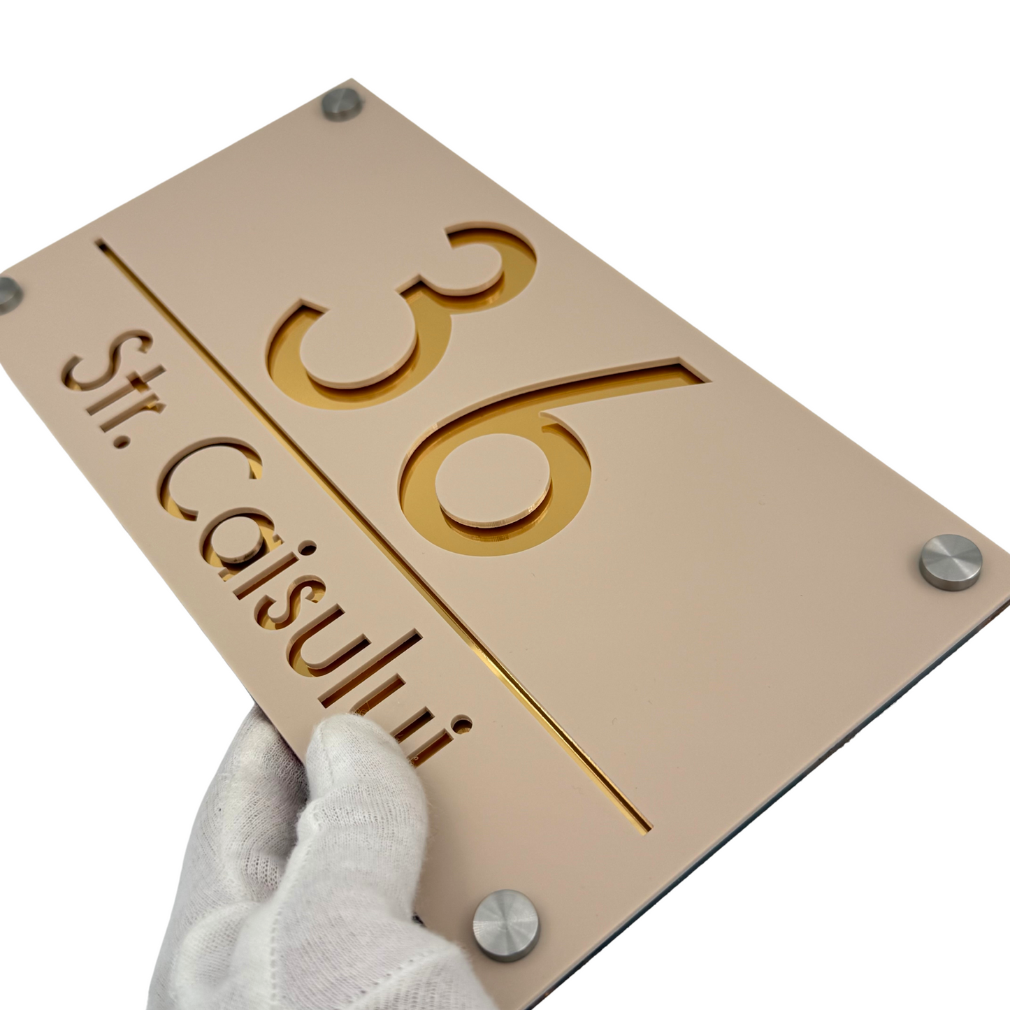 PREMIUM HOUSE NUMBER - Cream colour Satin Gold Mirror 4 Spacers Silver - 28×15 cm