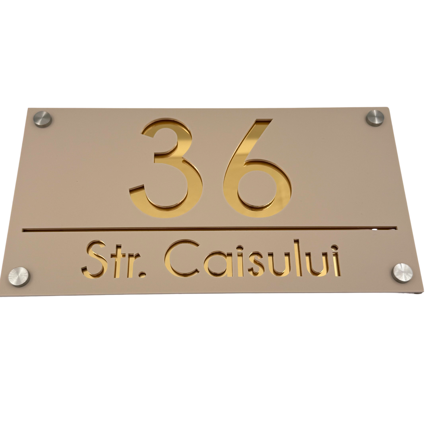 PREMIUM HOUSE NUMBER - Cream colour Satin Gold Mirror 4 Spacers Silver - 28×15 cm
