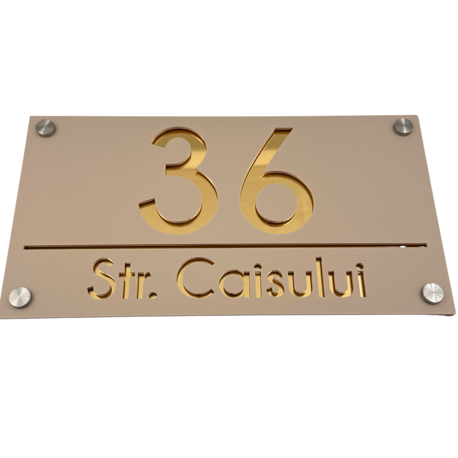 PREMIUM HOUSE NUMBER - Cream colour Satin Gold Mirror 4 Spacers Silver - 28×15 cm