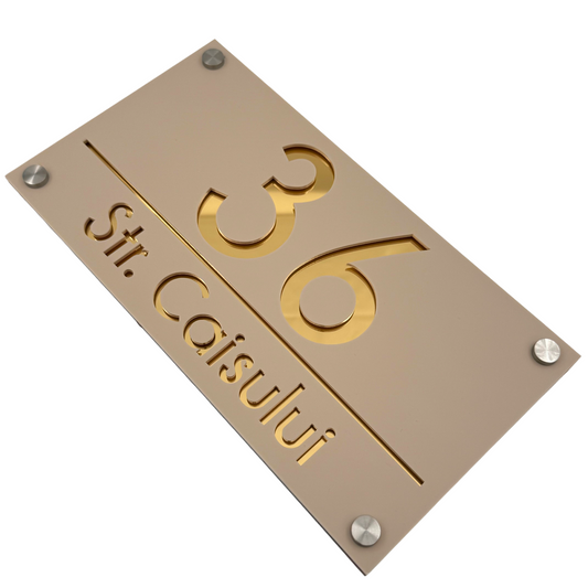 PREMIUM HOUSE NUMBER - Cream colour Satin Gold Mirror 4 Spacers Silver - 28×15 cm