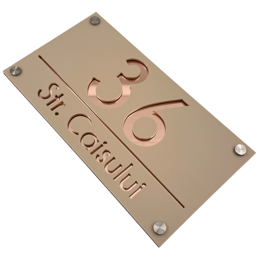 PREMIUM HOUSE NUMBER - Cream colour Satin Rose Gold Mirror 4 Spacers Silver - 28×15 cm