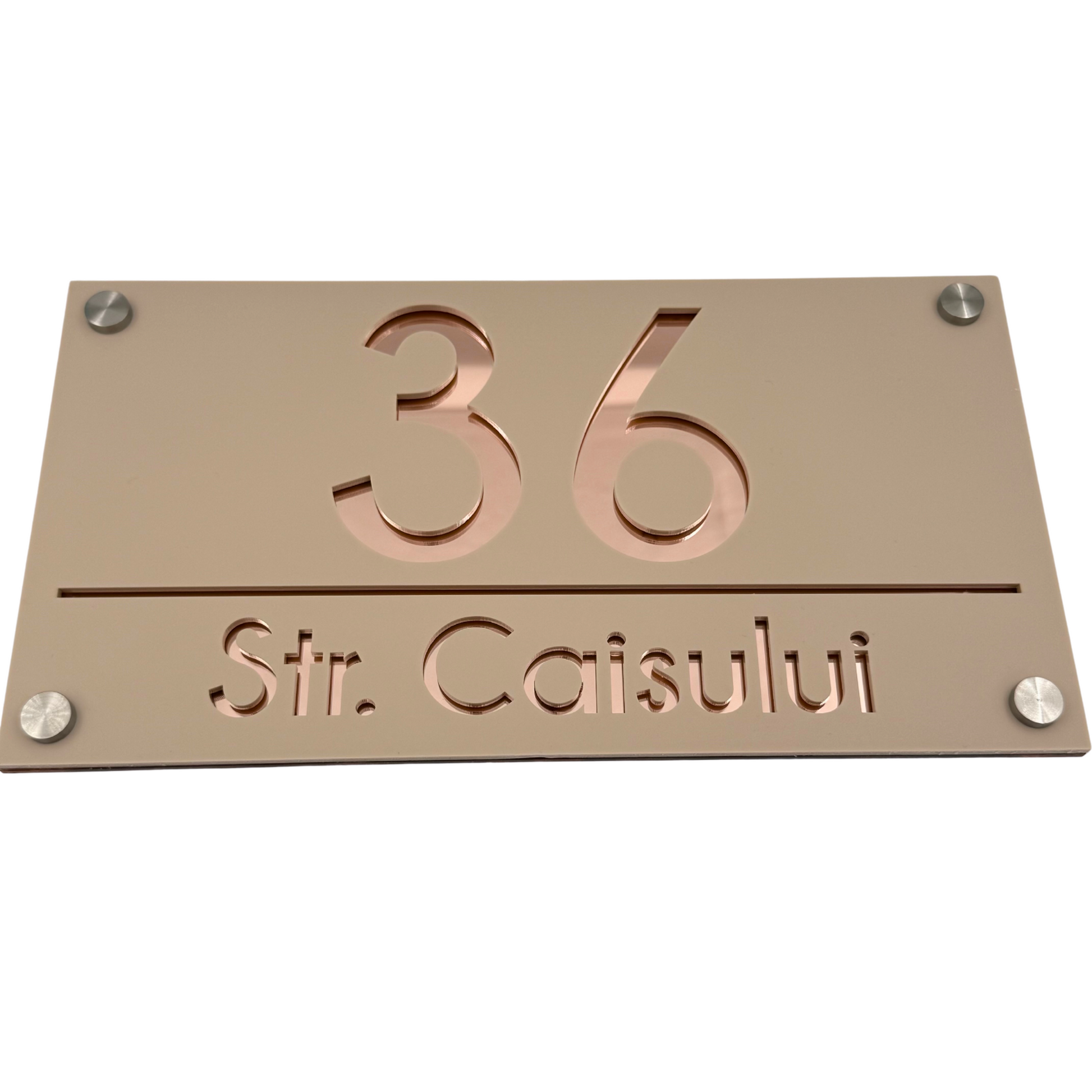 PREMIUM HOUSE NUMBER - Cream colour Satin Rose Gold Mirror 4 Spacers Silver - 28×15 cm