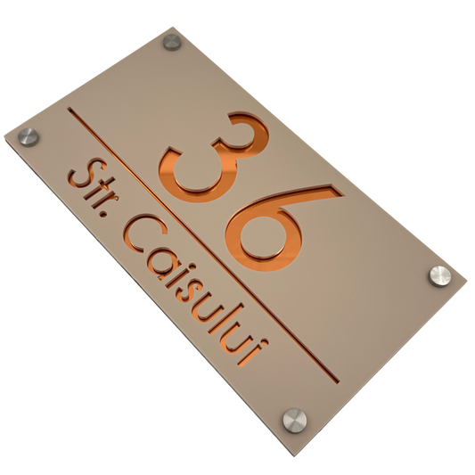 PREMIUM HOUSE NUMBER - Cream colour Satin Copper Mirror 4 Spacers Silver - 28×15 cm