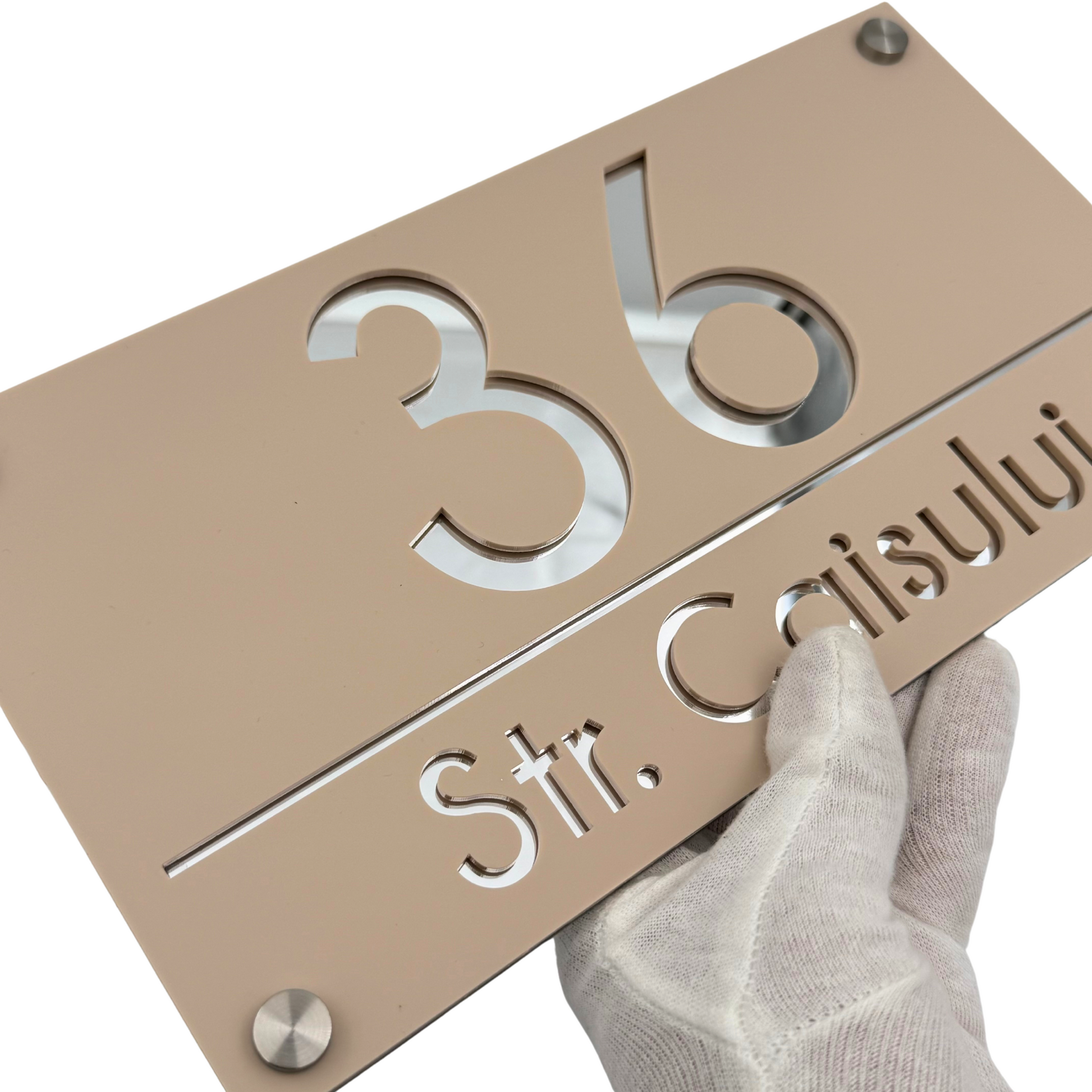 PREMIUM HOUSE NUMBER - Cream colour Satin Silver Mirror 4 Spacers Silver - 28×15 cm